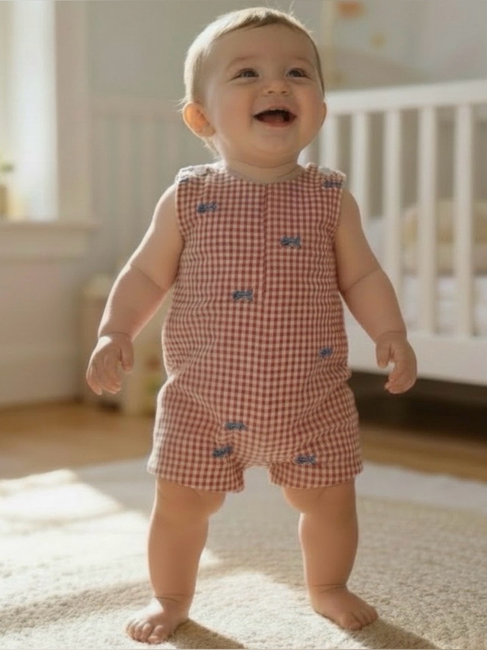 Kelly's Kids 2T Red Gingham Romper with Blue Fish Embroidery